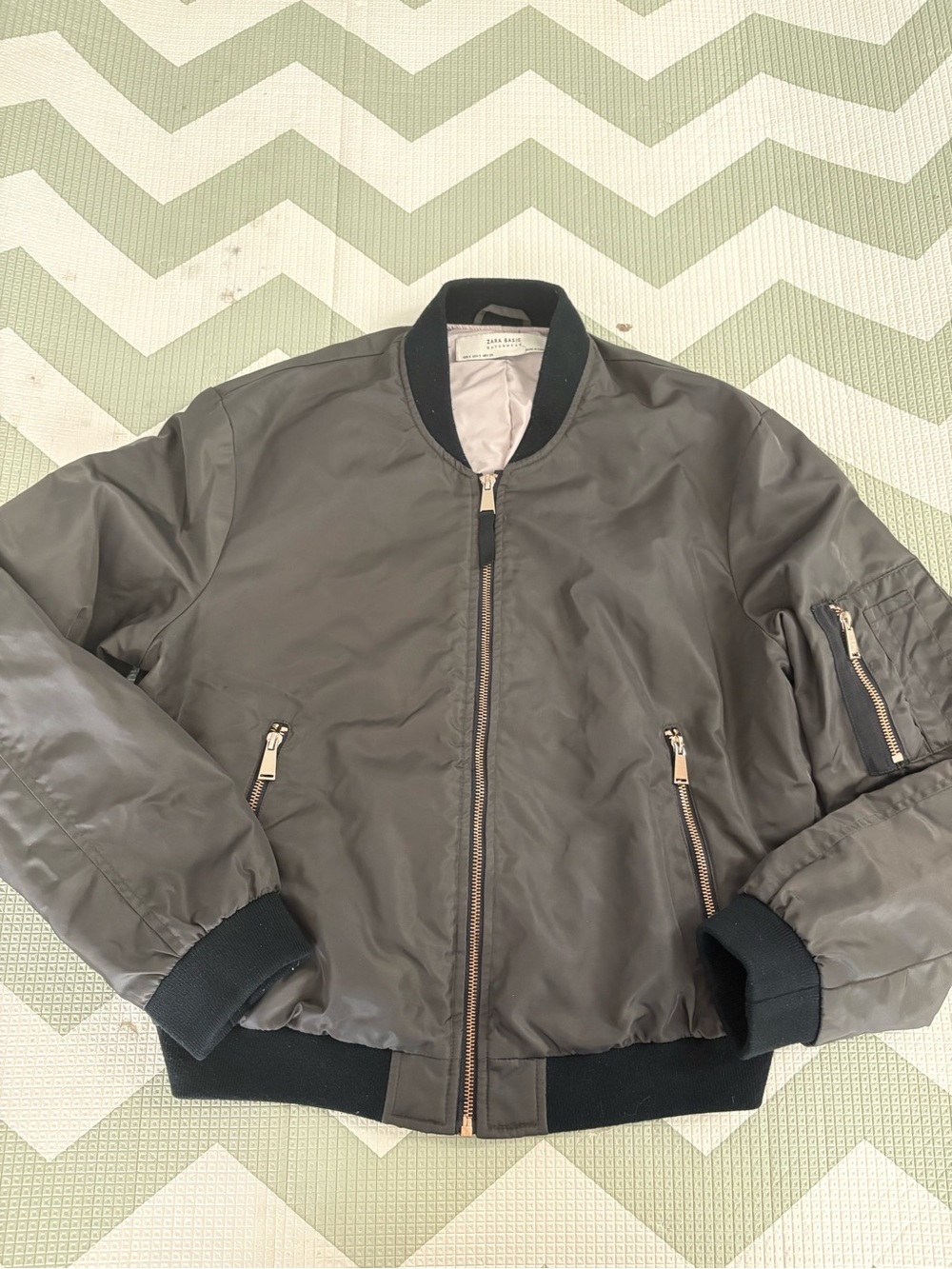 Zara Olive Green Bomber Jacket with Black Trim